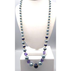 Vintage Slate Blue Long Beaded Necklace, Lovely Pastel Strand with Purple Lucite